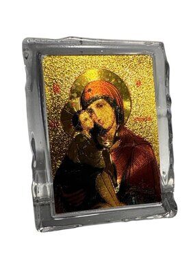 Virgin Mary & Baby Jesus Small Glass Block Religious Icon With Gold Tone 2.25"